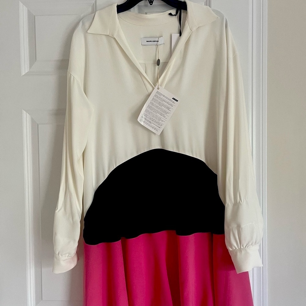 Used Mauro Grifoni Long Sleeve Colorblock Dress in Cream, Black & Hot Pink